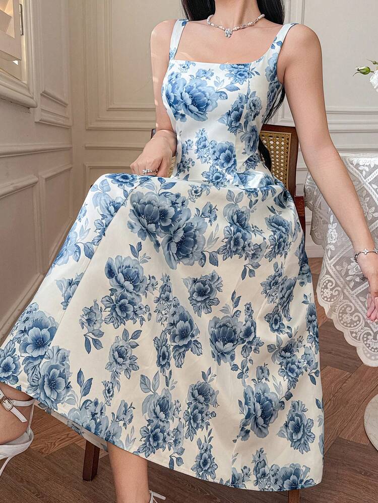 Women's Elegant Floral Print Sleeveless Square Neck Midi Dress, Summer,Wedding Guest Dress Women Sundress Boho