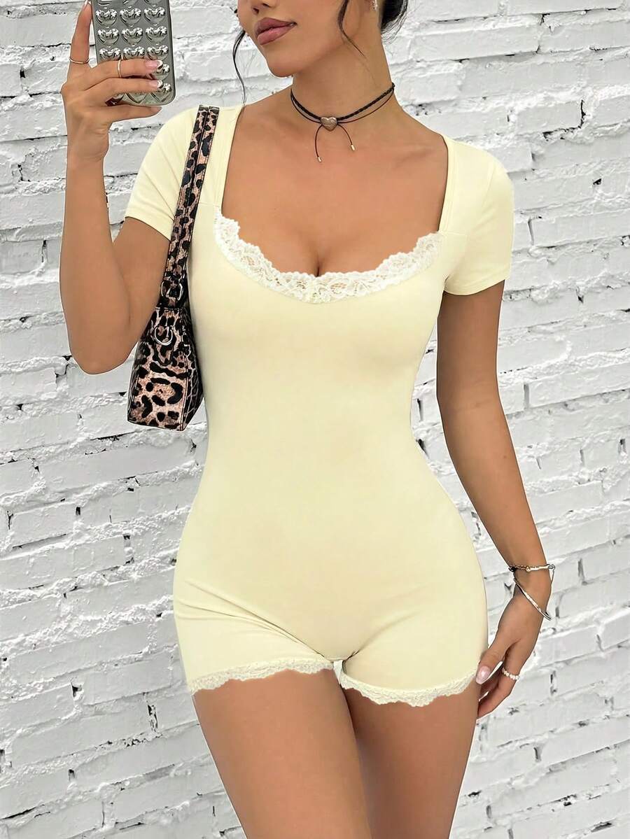 SHEIN EZwear 女士蕾丝拼接休闲日常连体衣 - 淡黃色 - 查看 1