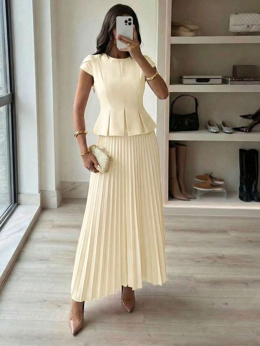 Firerie Women's Solid Color Pleated Hem Covered Sleeve Shirt And Pleated Mini Skirt Elegant 2 Pieces Set - Light Yellow - View 1