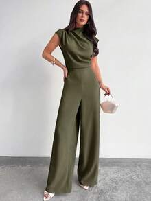 Firerie Bộ jumpsuit nữ thanh lịch, tối giản, phong cách công sở hiện đại, hàng mới về, xếp ly, cổ đứng, tay ngắn, cạp cao, ống rộng, màu mơ. - xanh quân đội - Xem 5