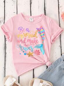 Spring/Summer Girls' Casual Fashionable Creative Fresh Simple Blue Floral Print Basic White Short-Sleeve T-Shirt, Comfortable For Everyday Wear - Hot Pink - View 6