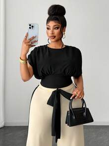 Maweii Plus Size Women's Elegant Daily Commute Round Neck Top And Wide Leg Pants 2 Pieces Set, Spring/Summer Dinner Office Black Beige - Multicolor - View 4