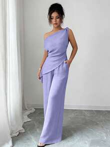 Elenzga Nuovo set estivo coreano a 2 pezzi, adatto per viaggi e fotografia, con un elegante top asimmetrico blu profondo del mare e pantaloni casual a vita alta - Viola malva - Visualizzare 5