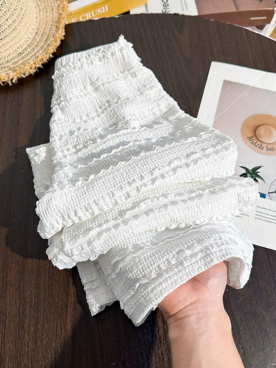 Tween Girls' Spring/Summer Vacation Beach Casual Versatile Ruffled Knit Texture Loose Wide Leg Pants, Suitable To Pair With Camisole - Apricot - View 1