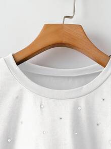 GlowEve CURVE Plus Size Women's Casual Elegant Solid Color Rhinestone Decor Round Neck Short Sleeve T-Shirt, Suitable For Daily Wear Tea Party White Summer - White - View 3