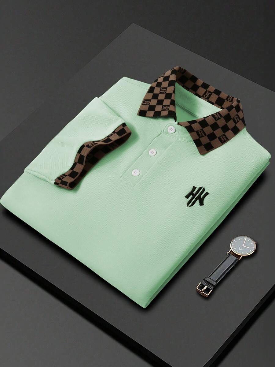 Calvornis 男士拼接棋盤格圖案短袖 Polo 衫,薄荷綠,夏季休閒商務通勤工作高爾夫正式襯衫 - 薄荷綠 - 查看 1