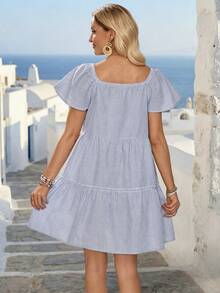 EMERY ROSE Vestido corto de mujer con volantes en las mangas, de un solo pecho y a rayas, para vacaciones - Azul y blanco - Ver 2