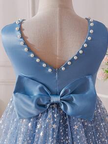 SHEIN Glamorique Kids Đầm trắng không tay cho bé gái, đính ngọc trai và nơ, phối lưới, thích hợp cho dạ hội, tiệc sinh nhật, biểu diễn, mùa hè. - Màu xanh lam - Xem 3