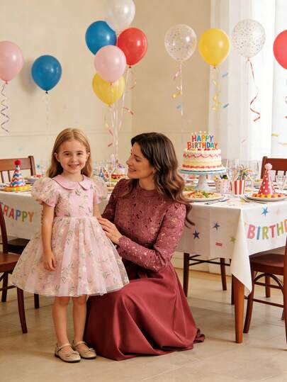 SHEIN Glamorique Kids Đầm hoa dáng xòe eo cho bé gái, tay phồng voan, kiểu dáng thanh lịch, phù hợp cho mọi mùa.