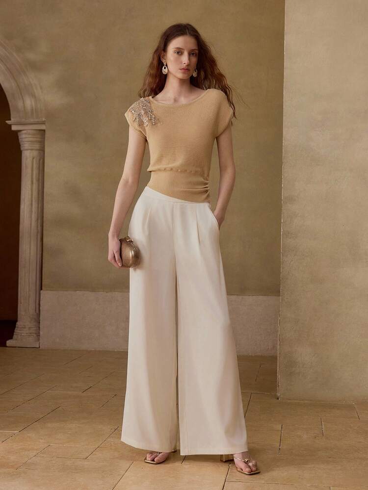 FAUX PEARL DETAIL ROUND NECK KNIT TOP