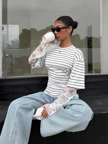 Muchica Women's Striped Knit Round Neck 2 In 1 T-Shirt - Black and White - View 1