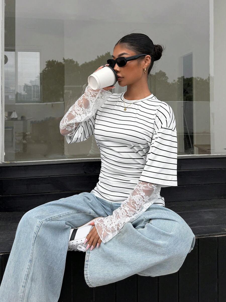 Muchica Women's Striped Knit Round Neck 2 In 1 T-Shirt - Black and White - View 1