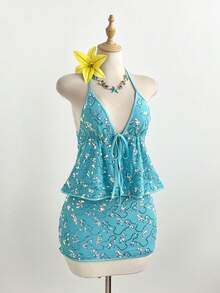 Elamini 女士夏季蓝色串珠吊带背心和迷你裙两件套，性感海滩度假风 - 藍色 - 查看 1