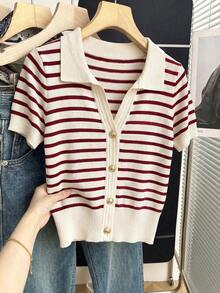 Franclia New Commuting Chic Design Turndown Collar Contrast Color Classic Striped Decor Matching Delicate Metal Button Loose Short Sleeve Knit Top - Multicolor - View 6