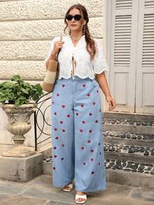 Breezaya Plus Size Women Street Casual Vacation Cartoon Embroidery Wide Leg Jeans - Light Wash - View 7