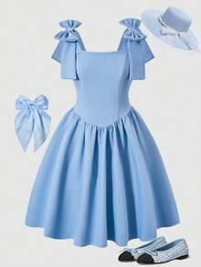 SHEIN 女童优雅提花花卉连衣裙，配有可拆卸蝴蝶结肩带 - 藍色 - 查看 5