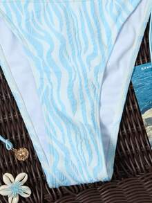 SHEIN Swim Mod Bộ bikini hai mảnh màu xanh dương chất liệu đặc biệt dành cho nữ, kiểu dáng tam giác, cổ yếm, gợi cảm, thanh lịch, thích hợp cho kỳ nghỉ, đi biển, hồ bơi, tiệc tùng. - Màu xanh lam - Xem 6