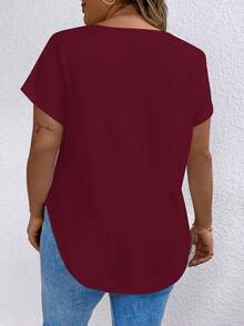 EMERY ROSE T-shirt à manches courtes pour femmes grandes tailles, col V unicolore, polyvalent et décontracté pour un usage quotidien - Rouge foncé - Voir 2