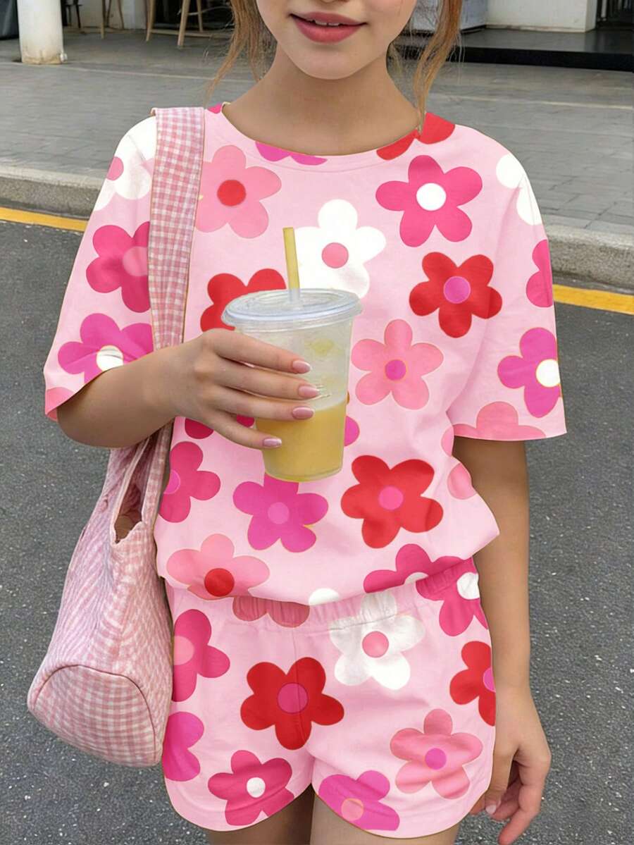 少女两件套休闲宽松圆领短袖T恤短裤套装,适合春夏日常、外出、度假,打造轻松时尚、休闲随性的穿搭风格。 - 彩色 - 查看 1
