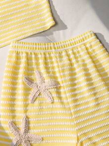 Set 2 buc. Top scurt fără mâneci cu papion în dungi + pantaloni scurți cu tiv cu volane pentru fete adolescente, stil dulce și picant, design non-fleece, potrivit pentru petreceri și ieșiri de vară - Galben - Vizualizare 10