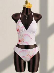 SHEIN Bộ bikini hai mảnh họa tiết hoa màu vàng dành cho thiếu nữ, thích hợp cho kỳ nghỉ biển, mùa xuân/hè. - Hồng - Xem 7