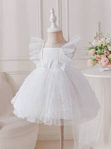 SHEIN Glamorique Kids 女婴夏季韩版修身可爱白色编织拼接网纱荷叶边蝴蝶结装饰连衣裙 - 白色 - 查看 6