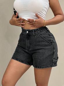 SHEIN PETITE Short en jean délavé décontracté pour femmes avec poches obliques, été - Noir - Voir 4
