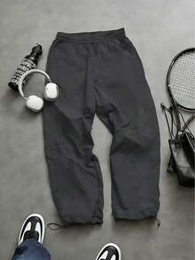 Sport MetroGents Men's Casual Fashionable Street Slogan Print Drawstring Waist Sports Pants, Suitable For Daily Commute - Dark Grey - View 2