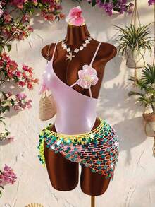 Amplova Women's Starfish Bra Splice One-Piece Swimsuit, Sexy & Avant-Garde, Suitable For Beach Vacation, Blue Solid Color Monokini Summer - Pink - View 4