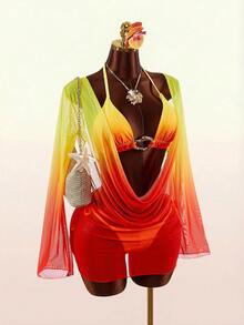 Amplova 3pcs Women's Sexy Halter Bikini Set - Top, Bottom, And Cover-Up Summer Beach Vacation Bathing Suit - Multicolor - View 1