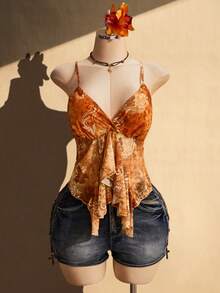 SHEIN ICON Camiseta de tirantes con volantes y estampado de paisley para mujer talla grande - Naranja - Ver 4