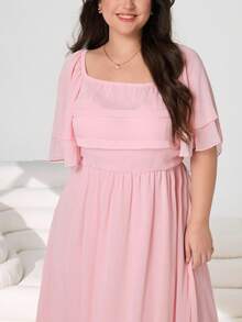 Solflare Plus Size Elegant Square Neck Ruffle Sleeve Waist Tie Dress, Summer - Pink - View 4