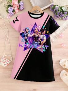 Idol Girl Group Digital Print Colorblock T-Shirt Dress, Pink And Black, Fashionable Casual Outfit For Girls, Suitable For Spring/Summer - Hot Pink - View 2