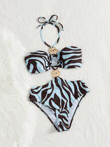 Bonvoyette 女士沙滩音乐节春夏图案印花金属配饰系带领时尚优雅精致连体泳衣 - 彩色 - 查看 5