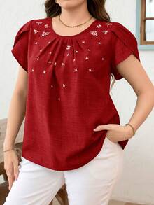 SHEIN Clasi Plus Size Casual Embroidered Petal Sleeve Shirt - Red - View 5