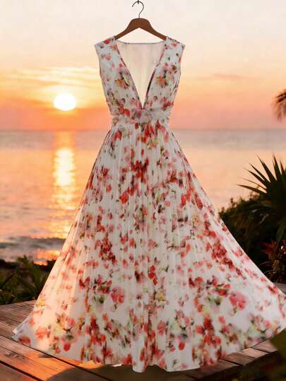 GlowEve Women's Summer New Vacation Printed Waist Cutout Pleated Tie Dress