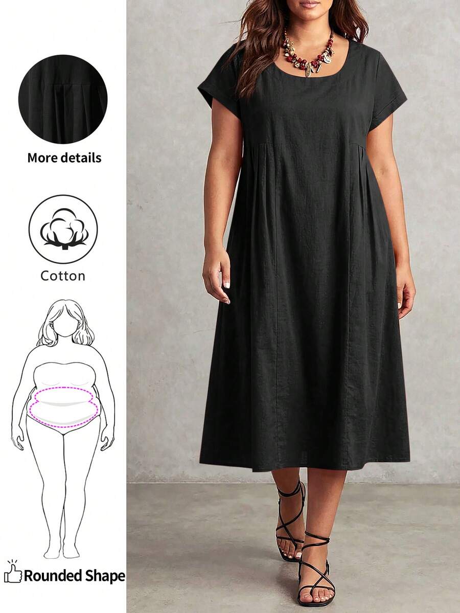 Plus-Size Women's Short-Sleeved Loose A-Line Dress, Made Of Soft Cotton. - Black - View 1
