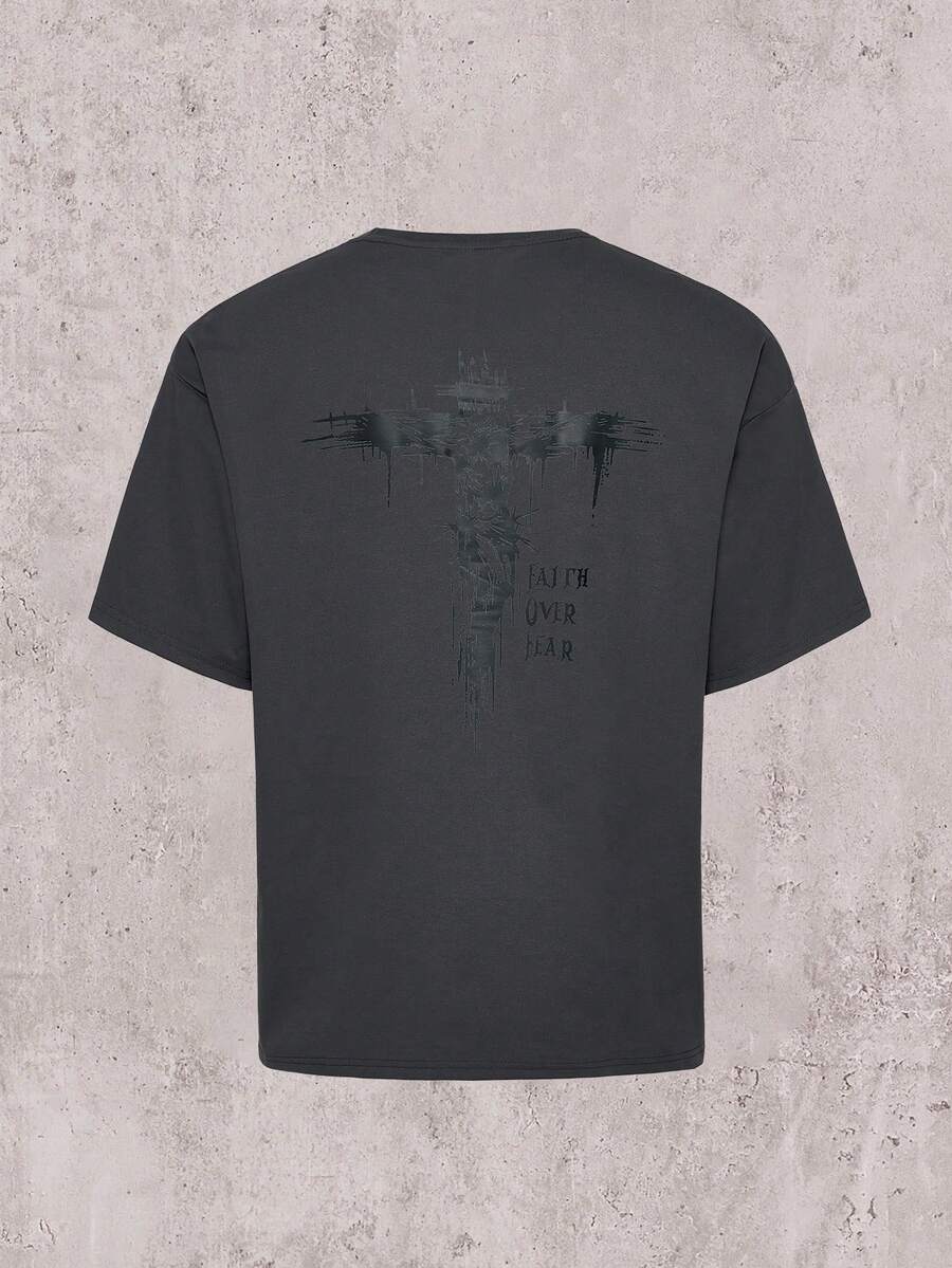 Skyrend Camiseta de manga corta casual y versátil con estampado de cruz para hombres, primavera/verano - Gris Oscuro - Ver 1