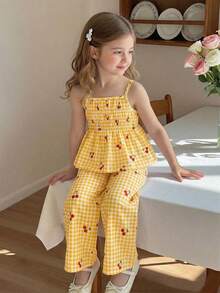SHEIN Elladie kids Young Girl' Cute Sweet Cherry Plaid Print Camisole And Wide Leg Pants Set, Suitable For Casual Daily And Holiday Wear - Yellow - View 7