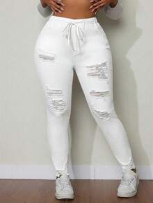 Slaydiva Plus Size Women Drawstring Waist Distressed Elastic Waist Versatile Jeans - White - View 6