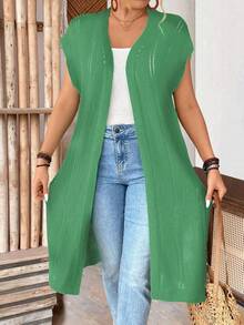 SHEIN LUNE Plus Size Women Sleeveless Hollow Out Long Cardigan, Lightweight, Suitable For Vacation, Commute, St. Patrick's Day, Spring/Summer - Olive Green - View 5