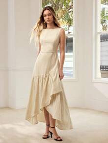 MOTF PREMIUM WOMEN'S ROUND NECK SLEEVELESS 100% LINEN DRESS, SUITABLE FOR DATES AND VACATIONS, SPRING/SUMMER - Apricot - View 4