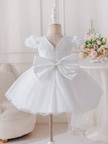 Glamorique Kids 女婴V领蝴蝶结连衣裙，蕾丝花袖，V领薄纱裙摆，适合生日派对、洗礼、花童婚礼等场合。 - 白色 - 查看 1