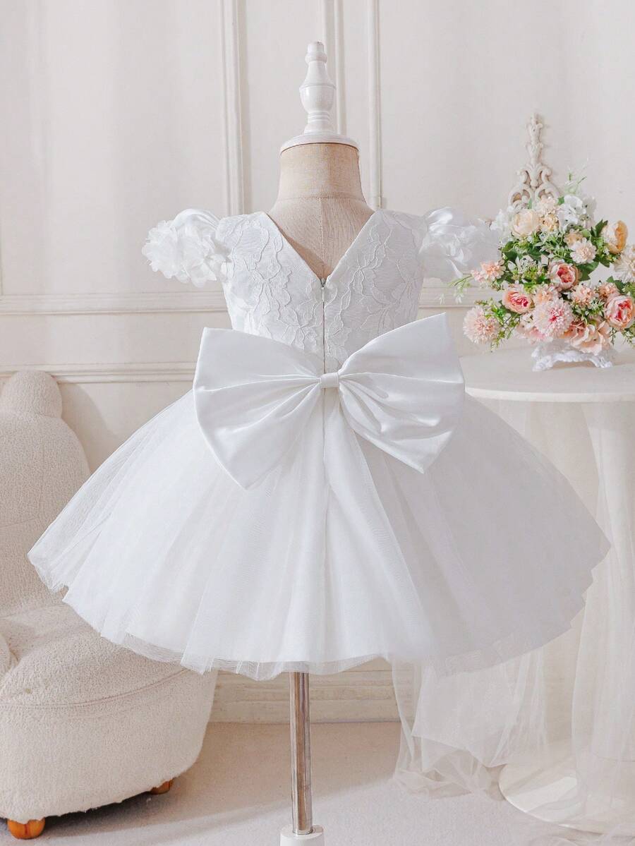 Glamorique Kids 女婴V领蝴蝶结连衣裙，蕾丝花袖，V领薄纱裙摆，适合生日派对、洗礼、花童婚礼等场合。 - 白色 - 查看 1