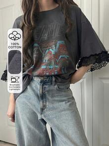 FRIFUL Áo thun nữ tay ngắn dáng rộng thoải mái, in chữ, phối ren, chất liệu cotton pha thoáng khí, đa năng cho mùa xuân/hè. - Xám - Xem 8