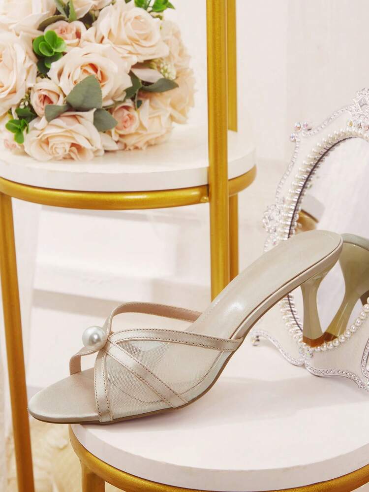 CUCCOO HITCHD Women's Spring And Summer New Round Toe Stiletto Apricot Mesh Pearl High Heel Sandals Slippers Fashionable And Comfortable Versatile Sexy Party Banquet Women's Sandals Wedding Shoes Women's Shoes