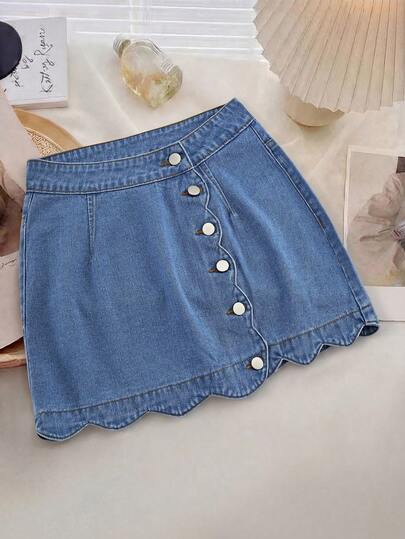 GlowEve 纯色前扣贝壳边休闲日常牛仔迷你裙