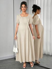 SHEIN Asymmetric Shoulder Ruched Waist A-Line Elegant Romantic Maternity Dress, Comfortable - Apricot - View 3