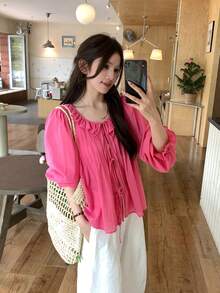 Áo sơ mi nữ kiểu Hàn Quốc thường ngày, màu trơn, thắt nút phía trước, tay bồng, thích hợp cho kỳ nghỉ xuân/hè/thu. - Hồng - Xem 4