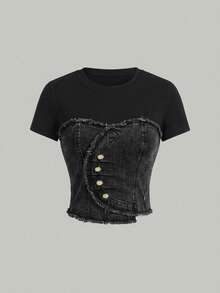SHEIN MOD Blusa de mezclilla de cuello redondo casual y versátil de 2 en 1 para uso diario, talla grande para mujer - Negro - Ver 1
